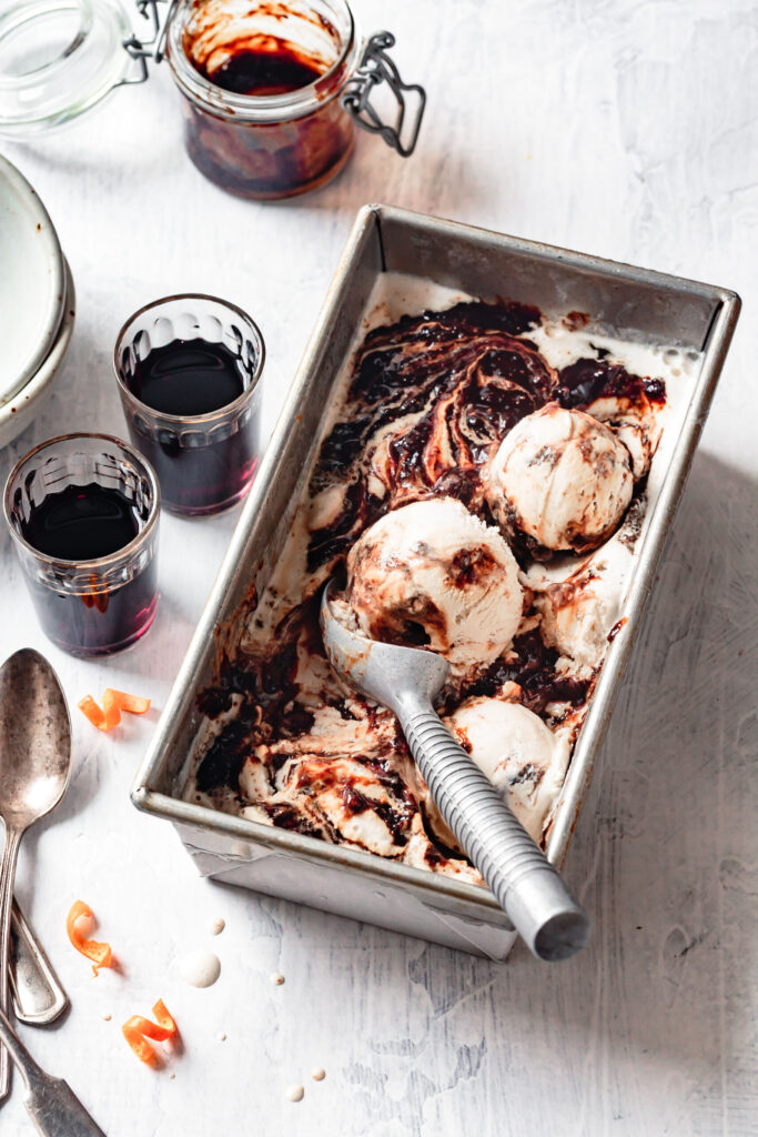 Commercial ice cream shops keep the menu fresh with port wine fig ripple ice cream recipe, rich with fig flavor swirled in vanilla ice cream.