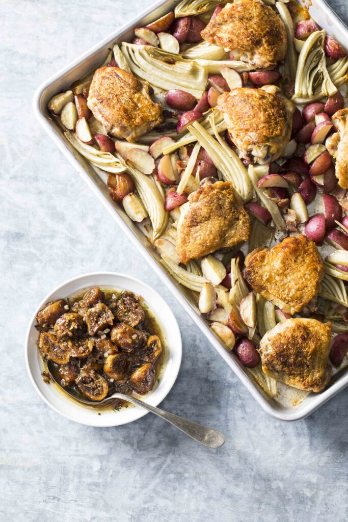 Cook smart. Sheet pan chicken thighs and potatoes starts the veggies while searing chicken. Try one pan chicken thighs and potatoes with figs.