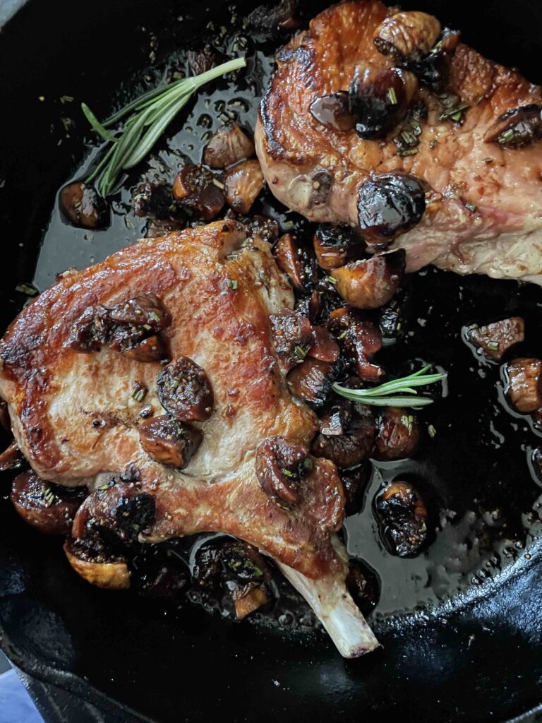 Plan a special occasion meal with pan seared pork chop recipes at home. Then, drizzle the rosemary fig port wine reduction sauce on top.