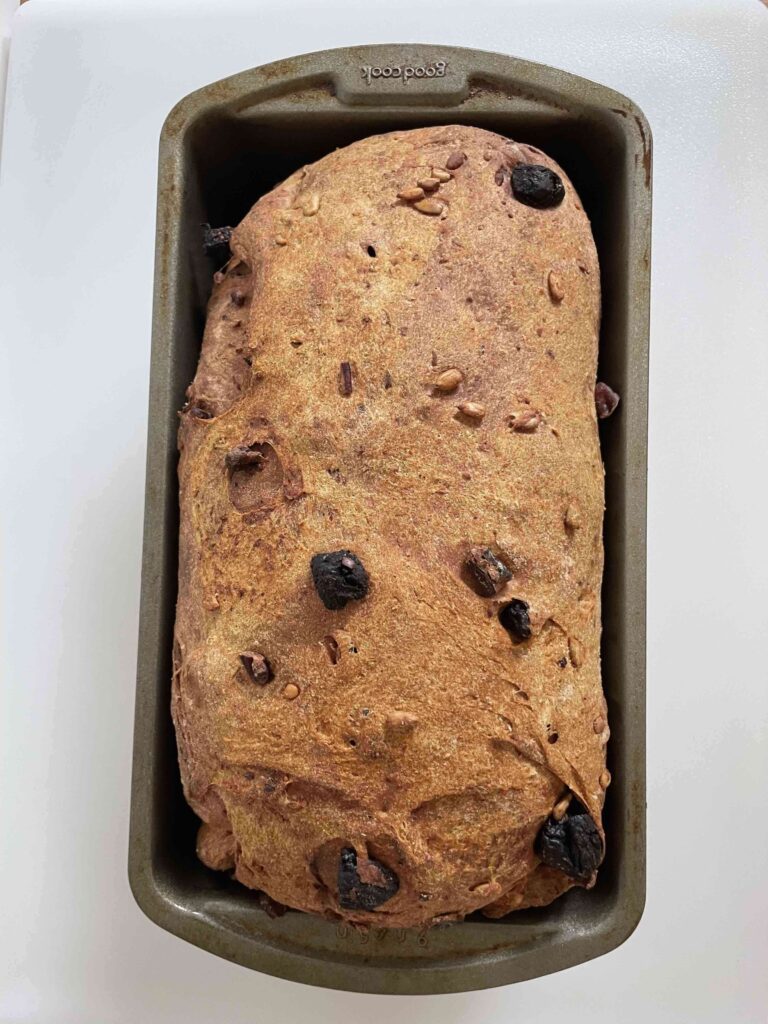 Trail mix bread has a variety of textures. Baked with whole grain flour, seeds, and nuts, make this dried fig bread recipe for breakfast. 