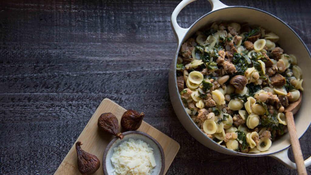 One pot sausage recipes are weeknight-ready. This One Pot Pasta with Kale, Figs & Sausage is a family favorite.