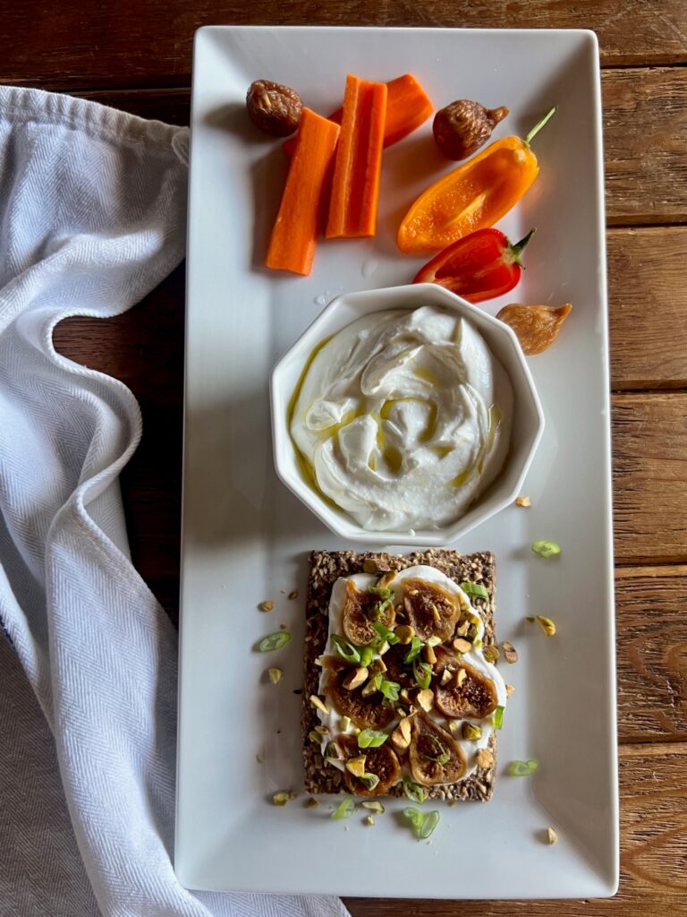 A mini meal snack plate of whipped feta and cottage cheese as an idea for controlled sugar level for blood and an article on fig extract benefits