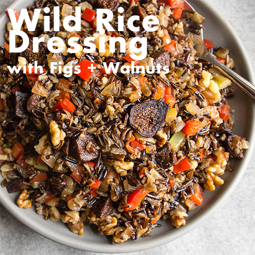 Veganuary recipes: serving plate of wild rice dressing with figs and a spoon
