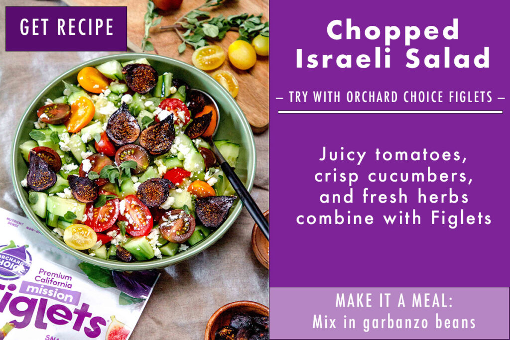 Infographic of chopped Israeli salad with description and a photo of a bowl with chopped cucumbers, tomatoes, figs, and feta.
