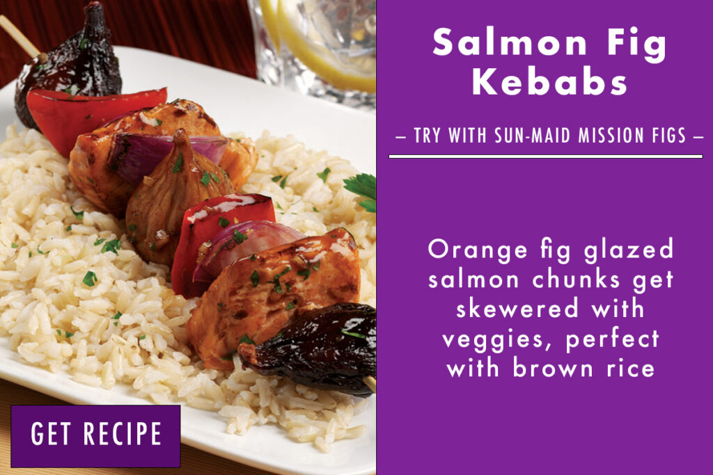 A graphic with information about salmon fig kebabs and a photo of a plate with rice and a salmon fig kebab on top as part of the Mediterranean meal prep series.
