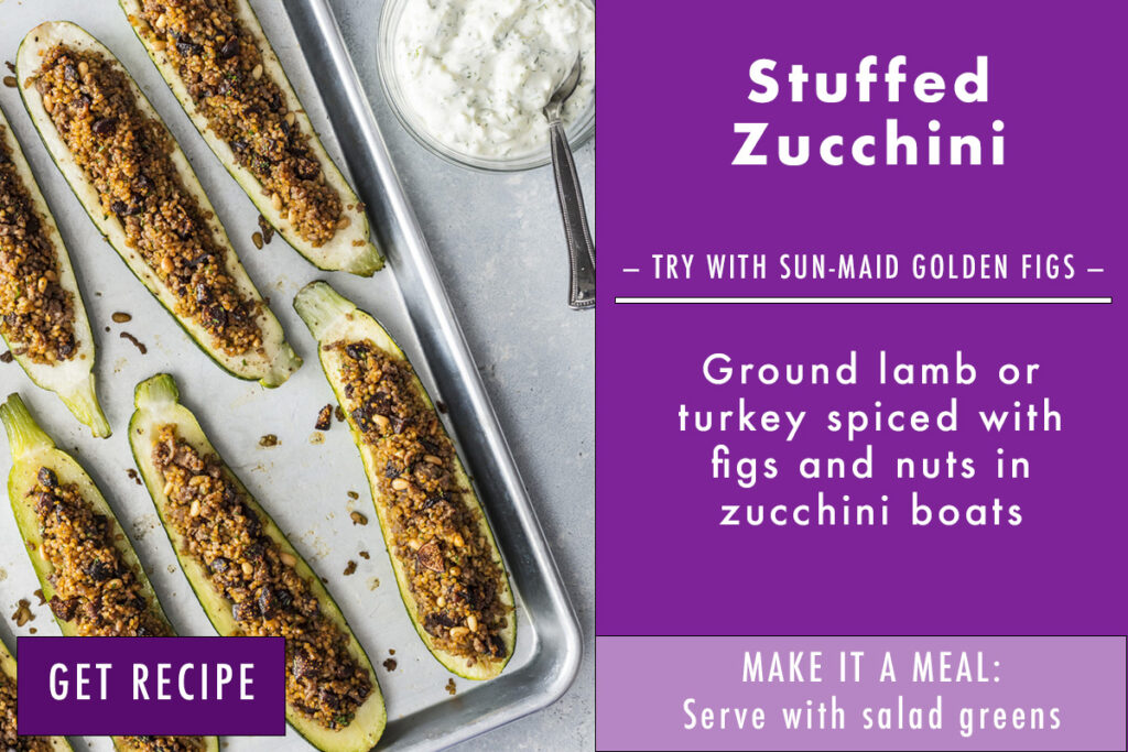Infographic of stuffed zucchini and description of photo of a baking sheet with zucchini cut in half and filled with ground lamb, spices, and pine nuts for Mediterranean meal prep. 