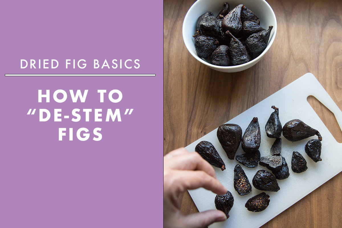 Infographic that says Dried Fig Basics with a photo of a hand on a fig on a cutting board with a bowl of mission figs above it.