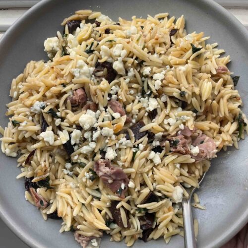 Grey bowl with orzo pasta and figs