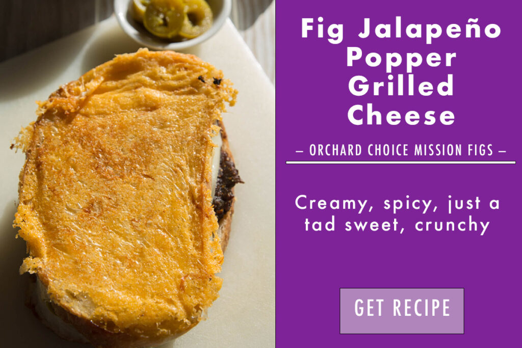 Fig jalapeno popper grilled cheese on a white cutting board with a description 
