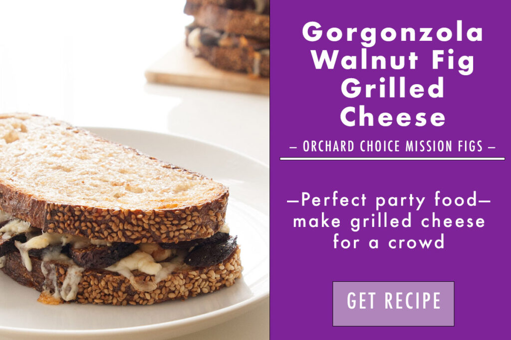 Gorgonzola walnut fig grilled cheese on a white plate with a description 