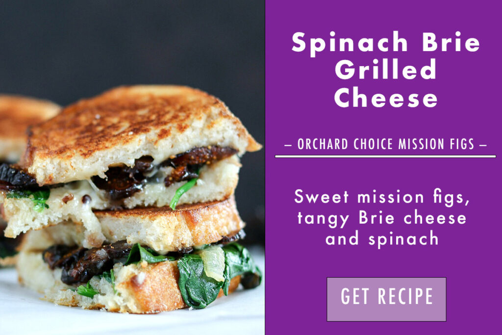 Spinach brie fig grilled cheese on a white plate with a description 