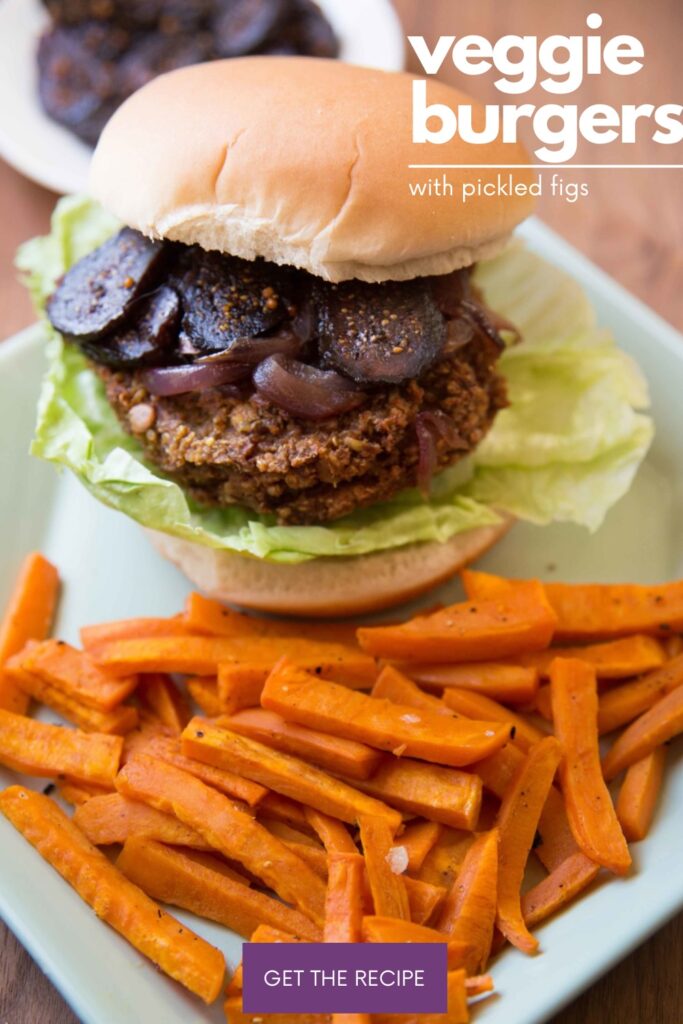 beetroot veggie burger with pickled figs and lettuce and sweet potato fries