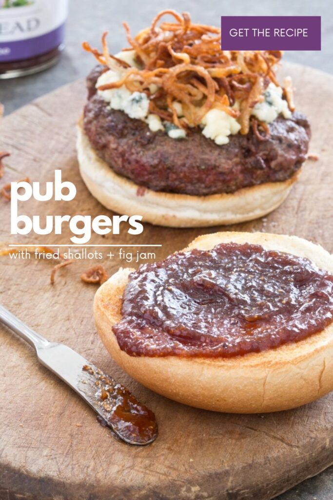 burger bun with fig jam and burger with blue cheese crumbles and fried shallots