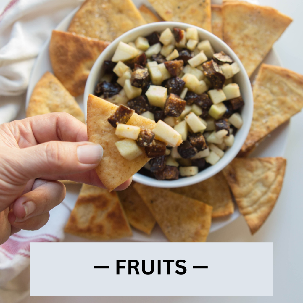 apple fig ginger salsa in a white bowl with pita chips | mediterranean diet what to eat