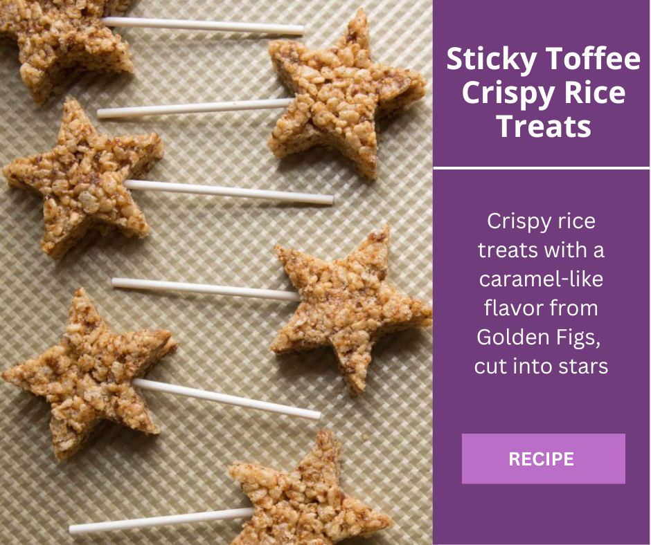 sticky toffee crispy rice treats cut with a star cookie cutter