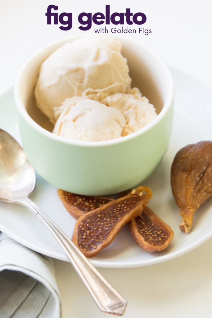 mint green cup with three scoops of fig gelato inside and golden fig slices on a plate