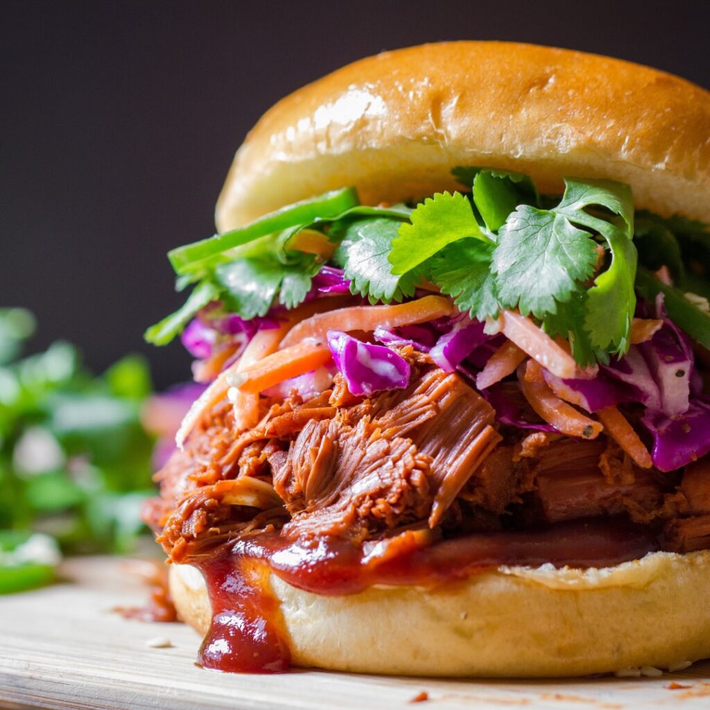 fig sauced pulled pork sandwich close-up